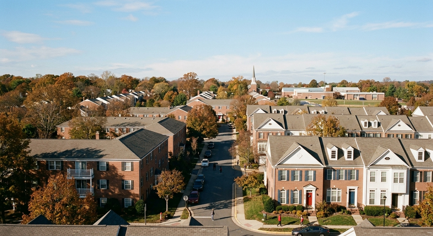 An elevated view over a neighborhood of brick garden apartments and townhomes in autumn