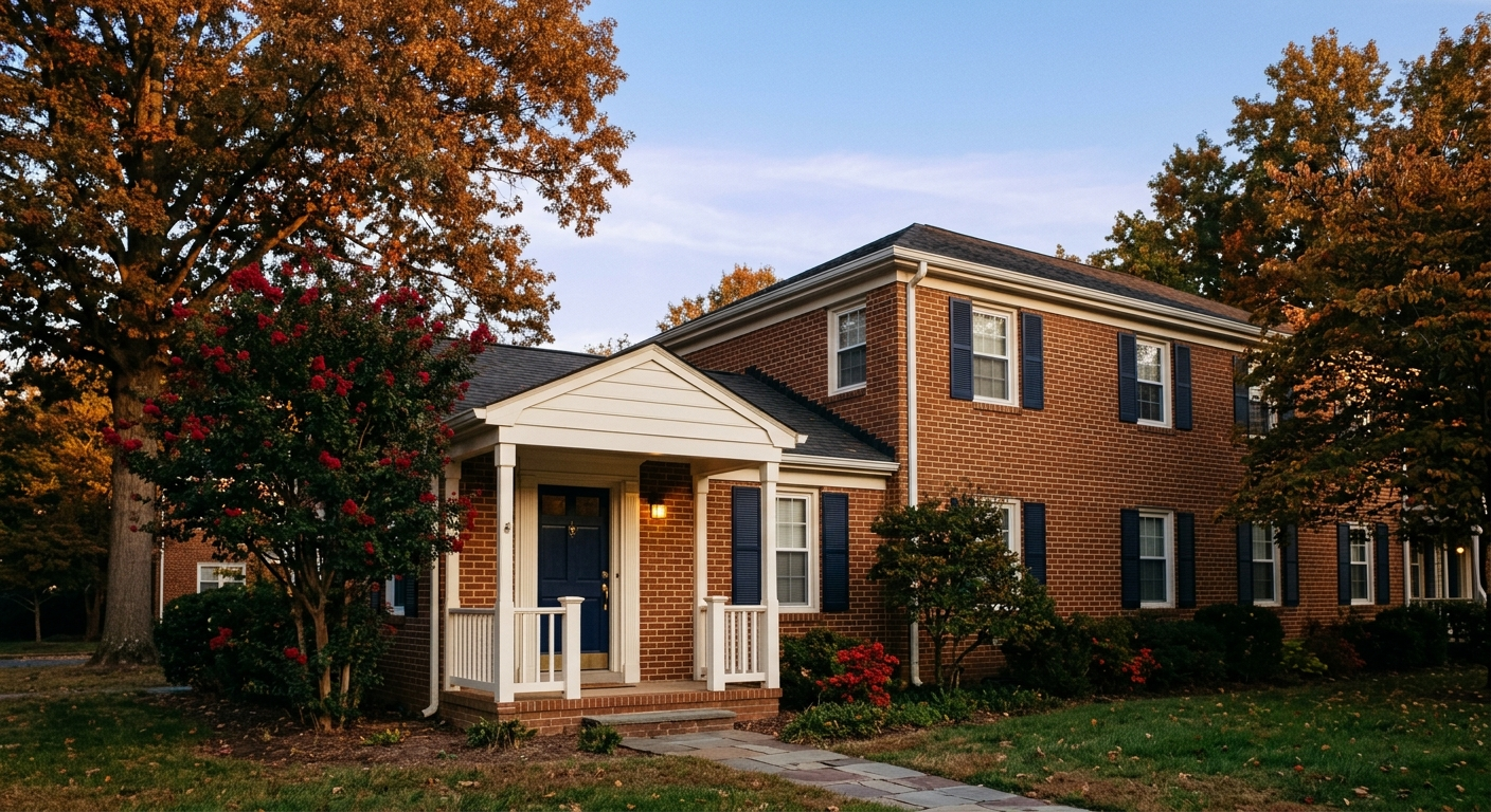 A finished brick garden-apartment porch with white columns in late-afternoon light