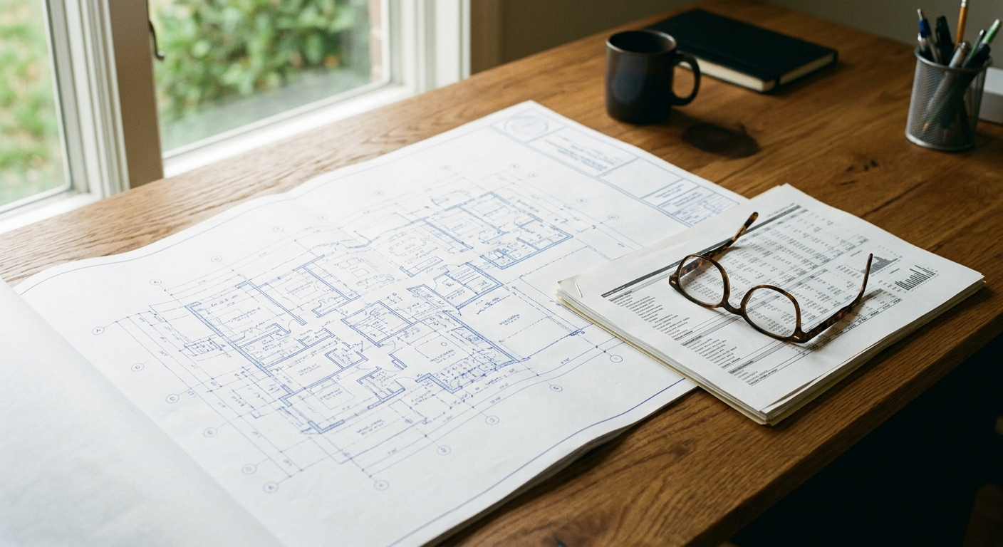 Architectural drawings beside a printed report on a wooden desk, reading glasses resting on top